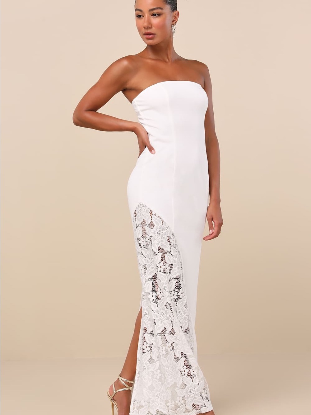 Lulu's White Strapless Lace Panel Maxi Dress